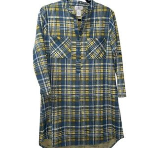 Women's OSO Casuals Soft Blue Yellow Tunic Plaid Knit‎ Long sleeve Dress Sz XS